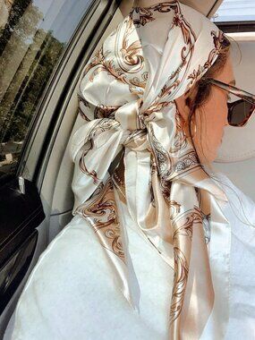 2/$30 NWT Silk Satin Square Head Scarf Cream Gold Baroque Print Luxury